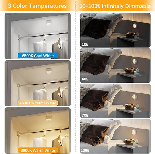 10 Pack LED Puck Light with Remote, 3 Color Battery Operated Dimmable Push Tap Light, Portable Under Cabinet Lighting Stick On, for Closet Kitchen