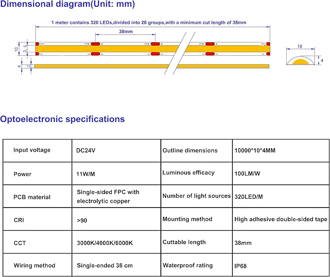 32.8ft COB LED Strip Lights Waterproof IP68, 6000K Daylight White Outdoor 24V Dimmable Silicone LED Tape Lighting High Density, 6000LM+, 3200LEDs Clips and Screws(Power Supply Not Included)