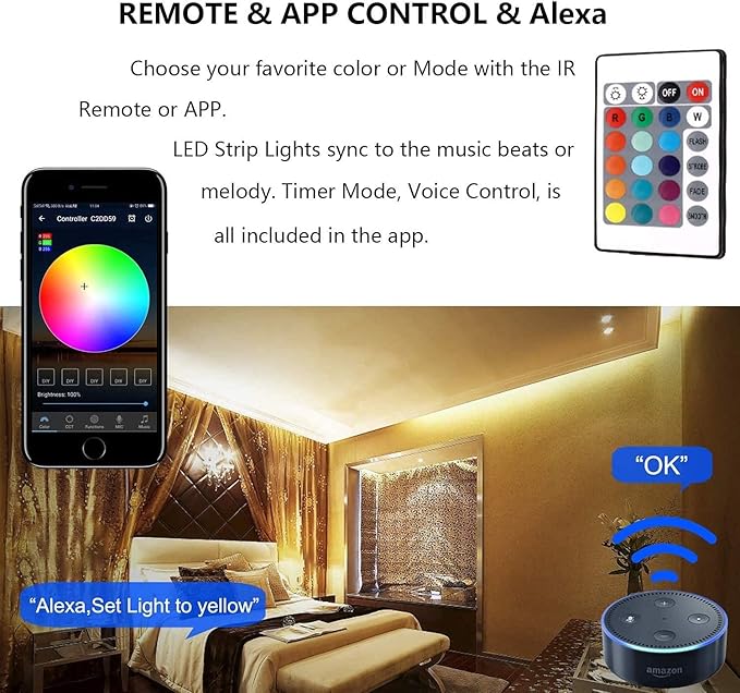 MIHEAL WiFi Wireless Smart Phone Controlled Led Strip Light Kit with DC12V UL Listed Power Supply Waterproof SMD 5050 32.8Ft(10M) 300leds RGB Music LED Light Strip Compatible with Android, iOS Alexa