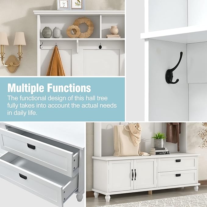 Widen Hall Tree with Bench and Shoe Storage, Modern Entryway Bench with Coat Rack, Cabinet, 2 Drawers and Shelves, Mudroom Bench with Storage and 5 Hooks for Entry Way, Hallway (White)