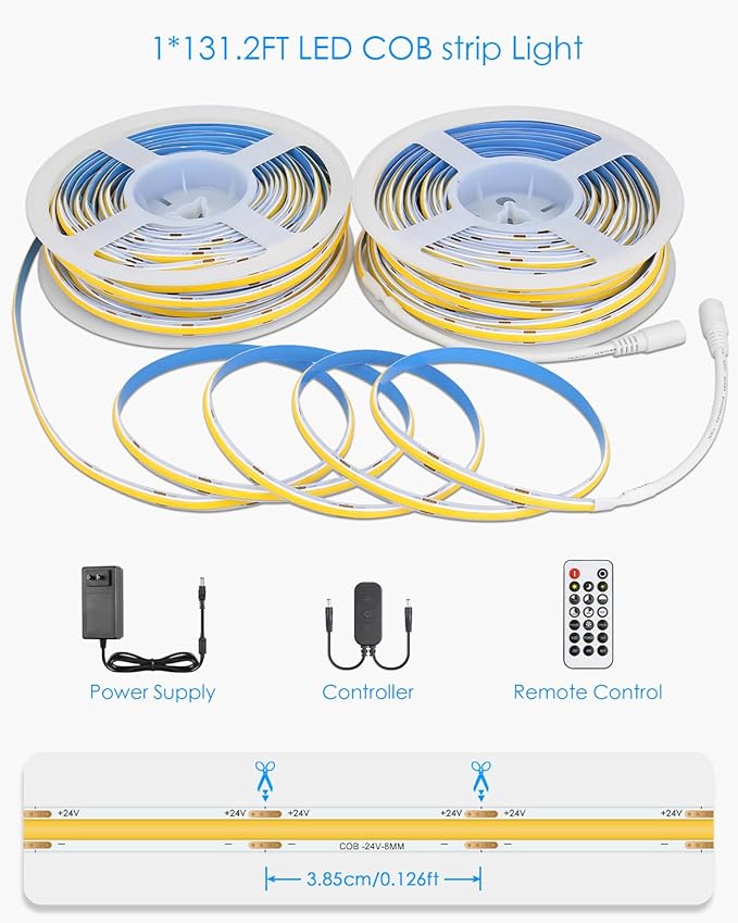 24V COB Led Strip Lights with Dam-Process 131.2FT White LED COB Light Strips for Bedroom 6500K Dimmable Flexible COB Light 480LED/M Hight Density LED Tape Light for Cabinet Party DIY Decor(40M/2roll)