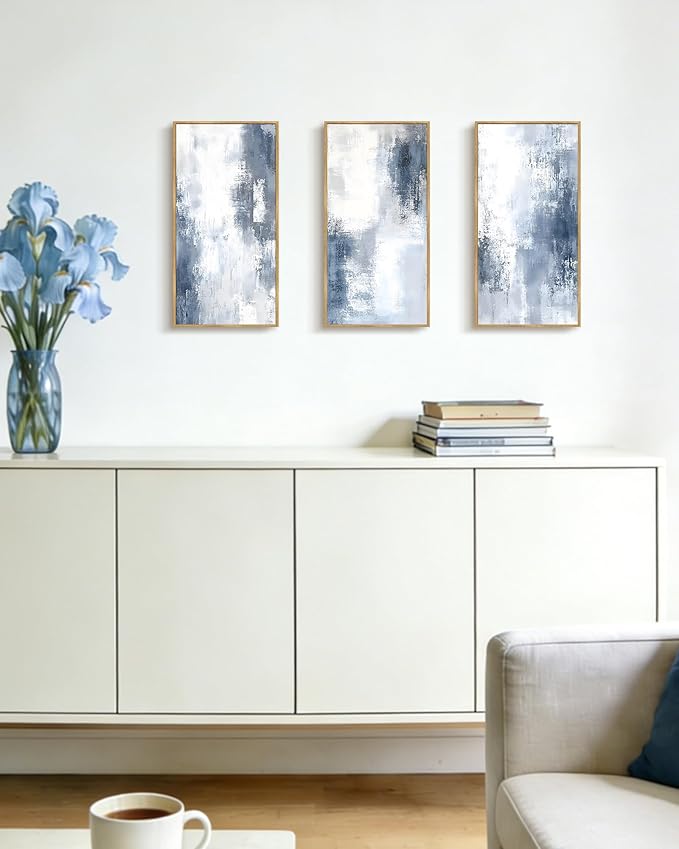 KUVIOKE Abstract Wall Art Blue Gray White Minimalist Painting Modern Decor Bedroom Living Room Ready to Hang 8x16in3pcs Natural Framed