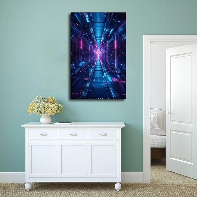 XAHOR High-Tech Digital Abstract Wall Art – Glowing Geometric Canvas Print – Minimalist Futuristic Aesthetic Home Decor Canvas Posters Wall Art Bedroom Office Room Decor Gift 20x30inch(50x75cm)