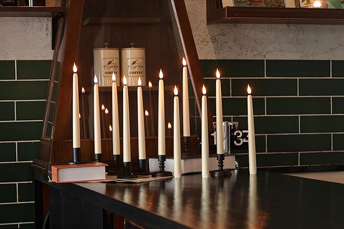 Fireless Window Candle, Cone Battery Powered LED Timed Warm 3D Wick Candle Plastic with Base, 12 Piece Set with 10 Key Remote, Home Wedding Decor (0.78x9.84 inches)