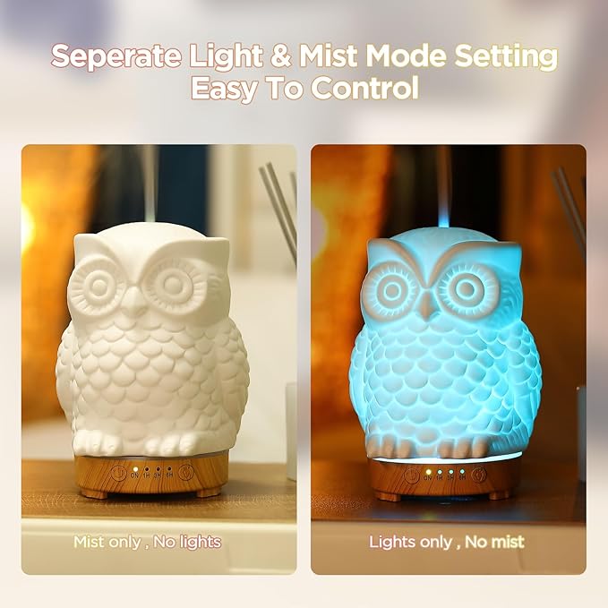 Owl Ceramic Aromatherapy Diffuser INRORANS 160ml Stone ultrasonic Cool Mist Scent Essential Oil Diffuser Humidifier with Intermittent Mist & LED 7 Colors Changing Night Light for Bedroom Office Home
