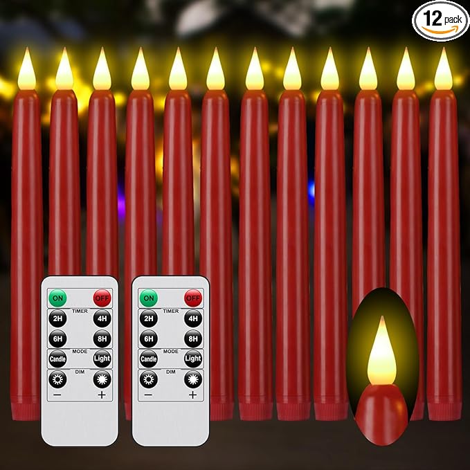 Flameless Taper Candles with Remote Control and Timer, Battery Operated LED Candlesticks with Flickering 3D Flame, 9.6×0.8 Inches Plastic Tall Candles for Christmas, Wedding and Home Decor (Red, 12)