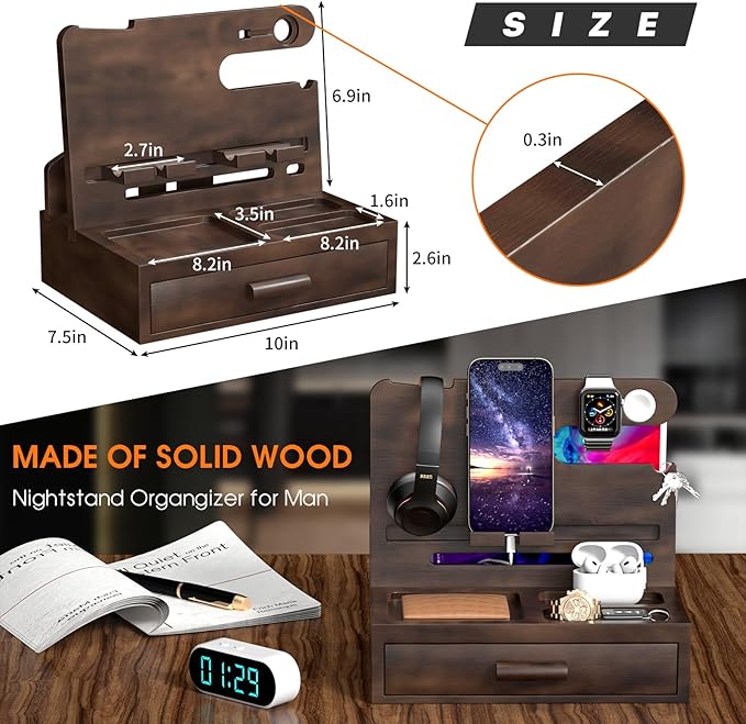 melafa365 Nightstand Organizer for Men,Phone Docking Station with Cable Management,Night Stand with Drawer,Bedside Organizer for Watches,Keys,Wallets,Gifts for Men(Brown)