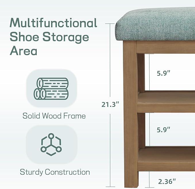 Shoe Rack Bench with Cushion, 2 Tier Solid Wood Storage Bench, Mid-Century Modern Shoe Bench for Entryway, Hallway, Closet, Front Door Entrance, Foyer (Teal, 39.4")