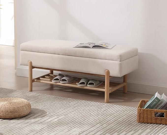 EALSON Modern Storage Ottoman Bench Upholstered Fabric End of Bench with Seating and Wood Shoe Rack Long Entryway Bench for Bedroom/Living Room/Foyer, Linen Beige