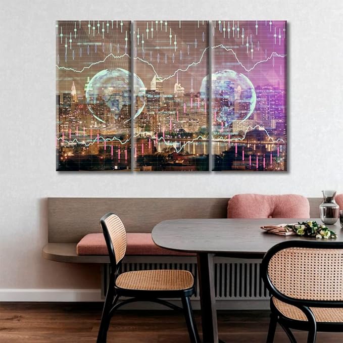 TUMOVO Forex Chart Drawings Over Cityscape Pictures Home Decor Modern Artwork Living Room Wall Decor 3 Panel Rustic Home Decor Print on Canvas Stretched and Framed Ready to Hang (60" Wx40 H)