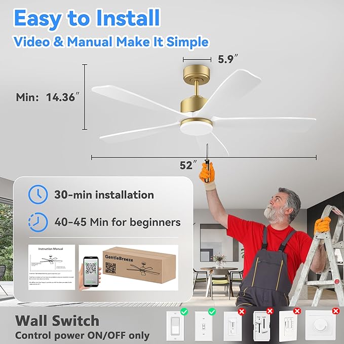 52 Inch Smart Ceiling Fan with Light,Wood Ceiling Fan Voice Control via WIFI Alexa App,Quiet DC Motor,Dimmable LED,Modern Outdoor Indoor Ceiling Fans for Bedroom Patio Porch,5 Solid Wood Blades