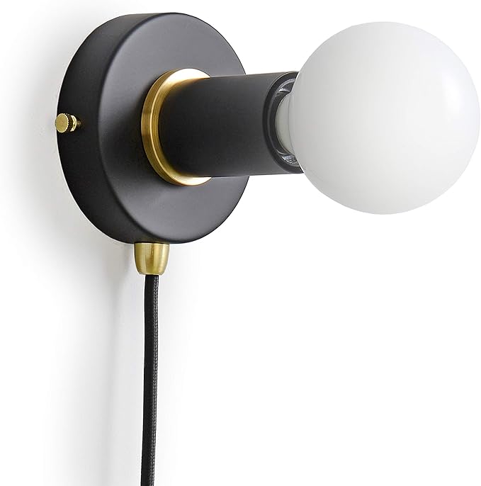 BRIGHTTIA Matte Black Plug-in Simple Ring Wall Sconce Light - Brushed Brass Color Accents - Modern Minimalist Lighting - Mid Century Industrial Exposed Bulb Wall Lamp - 16Ft Fabric Cord (BW0005-1BP)