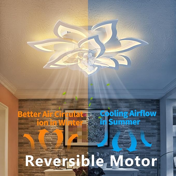 Modern Ceiling Fan with Light and Remote, Low Profile Ceiling Fans with Lights, 32 Inch Flush Mount Ceiling Fan with 3 Light Color 6 Speeds, Fandelier Ceiling Fan for Living Room, Dining Room