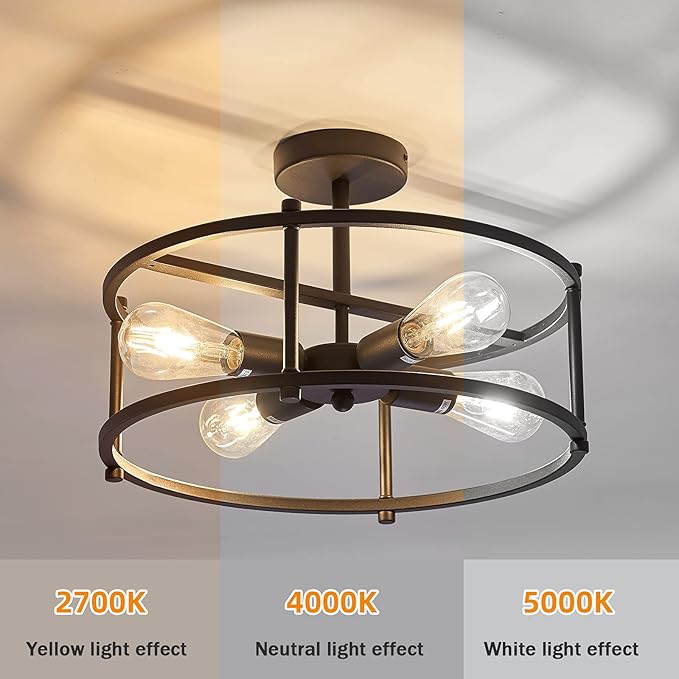 Industrial Semi Flush Mount Ceiling Light,4 Light Rustic Metal Ceiling Light Fixture,Black Farmhouse Chandelier for Kitchen Island Dining Room Hallway Entryway Bedroom Living Room.