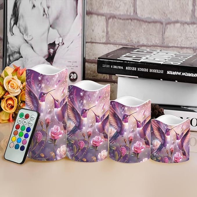 Purple Hummingbird Floral Plastic Flameless Candles with Remote Control and Timer LED Flickering Battery Electric Pillar Candles for Table Decoration