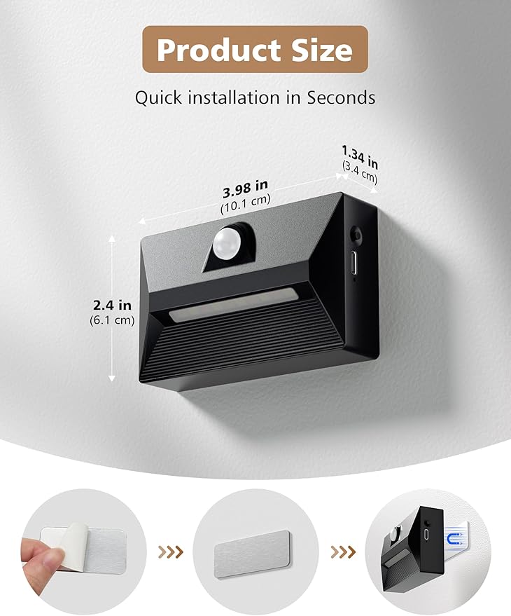 NIORSUN Motion Sensor Night Light, Rechargeable Stair Lights Indoor, 3 Colors and Motion Modes Battery Night Light with Light Sensor for Stairway, Hallway, Bathroom, Kitchen, Bedroom Black 4 Pack