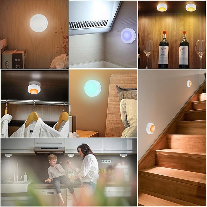 Yiliaw 3 Pack LED Puck Lights Remote Control 16 Color Changeable Under Cabinet Lights, Battery Operated Lights Night Light with Dimmer & Timmer for Closet Bedroom Kitchen, White