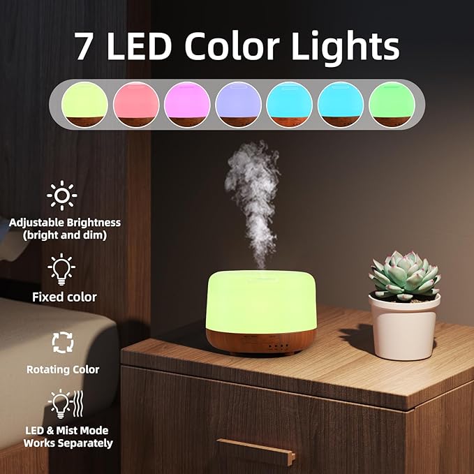 300ML Essential Oil Diffuser Aromatherapy Diffuser, Quiet 8 Hours Operation, 7-Color LED Light, 4 Timer, Remote Control, Auto-Off, Easy to Clean, for Bedroom, Living Room, Office, Home Gifts