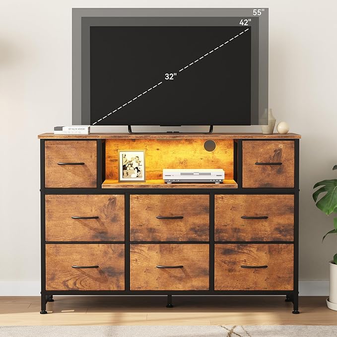 DUMOS TV Stand Dresser with 8 Fabric Drawers and Open Shelves, LED Entertainment Center with Charging Station, Wood Top Media Console for 45-55 inch, Bedroom, Rustic Brown