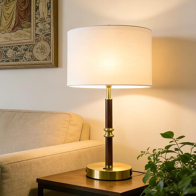 Table Lamp for Bedroom with Dual USB Ports, 19.3" Wood & Metal Table Lamp for Living Room, Bedside Table Lamp with Linen Shade, Home Decor (Bulb Not Included)