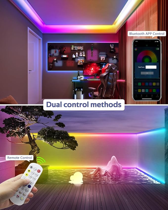 ALITOVE Permanent Outdoor LED Strip Lights 100FT Waterproof 24V RGB IC LED Strip Lights Addressable LED Rope Lights IP67 Music Sync with Remote APP Control for Wall Patio Eave Garden Pool Party Decor