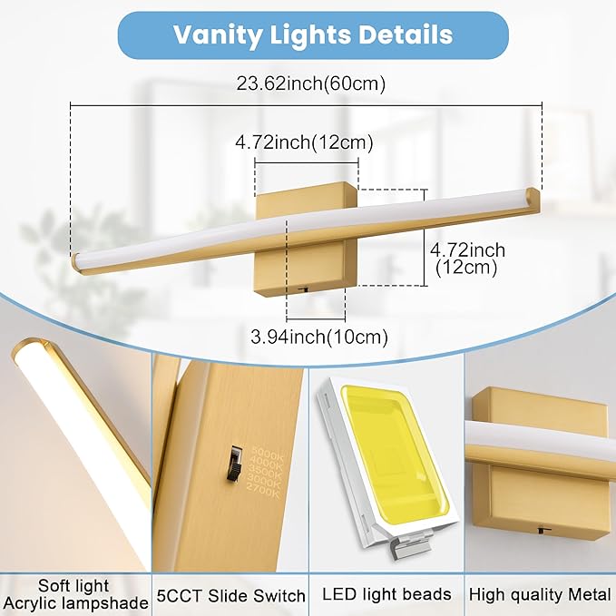 Modern Bathroom Vanity Light 24 inch, Curved, Dimmable 5CCT Led Bathroom Light Fixture Over Mirror, Gold Bar Vanity Light for Bathroom Mirror Cabinets-ETL Certificated Modern LED Vanity Makeup Lights