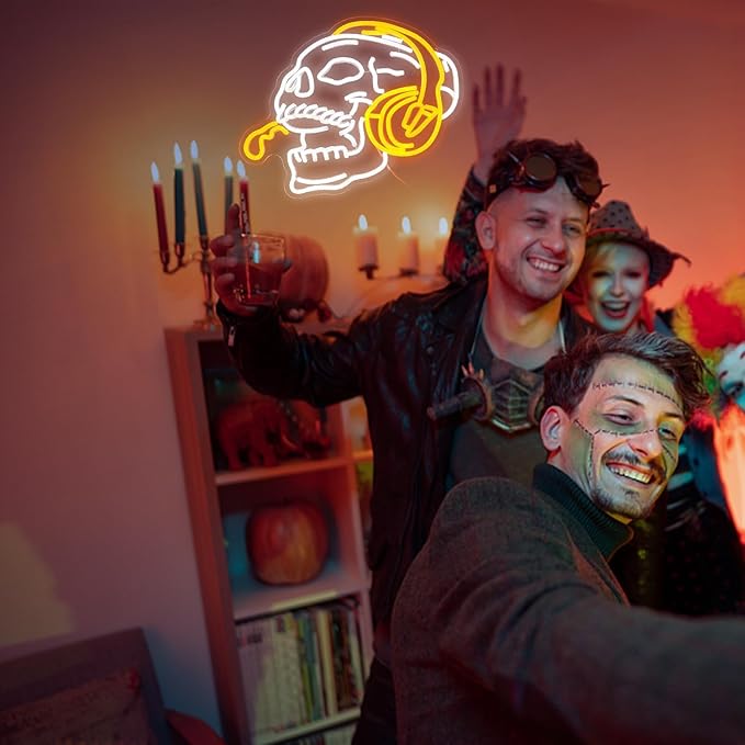 Skull Headphone Neon Sign Headphone Neon Light for Wall Decor LED Dimmable USB Skull Light Up Sign for Boys Gaming Room Bedroom Man Cave Gifts for Men Neon Lamp Game Room Accessories Personalized Gift