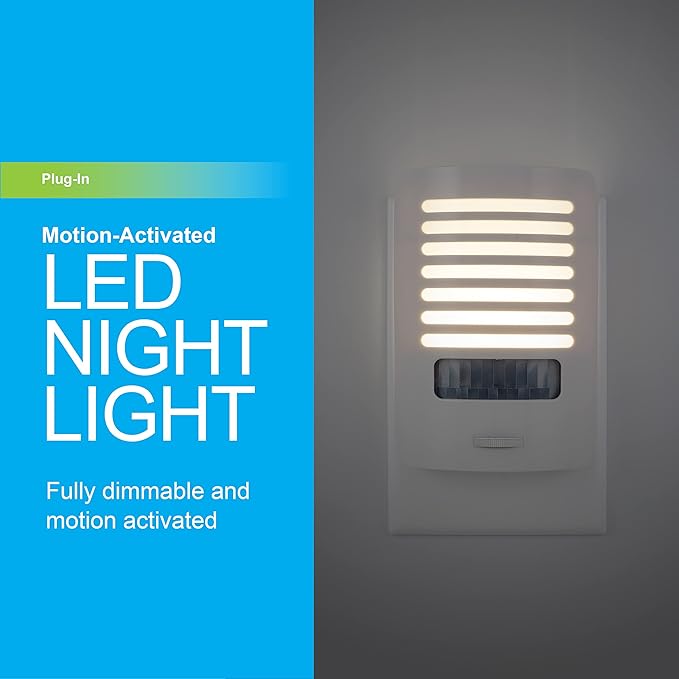 GE LED Night Light, Motion Sensing, Dimmable, Louver Shade, White, Plug-in, UL-Certified, Ideal Nightlight for Bedroom, Bathroom, Kitchen, Hallway and More, 67555