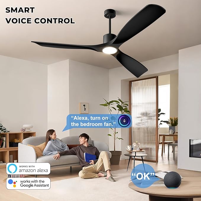 60" Smart Ceiling Fan with Lights,Outdoor Ceiling Fan 3 Blade,Compatible with Alexa/Gg/App/Remote,3-Color Light 6-Speed Quiet Reversible DC Motor for Patio,Black
