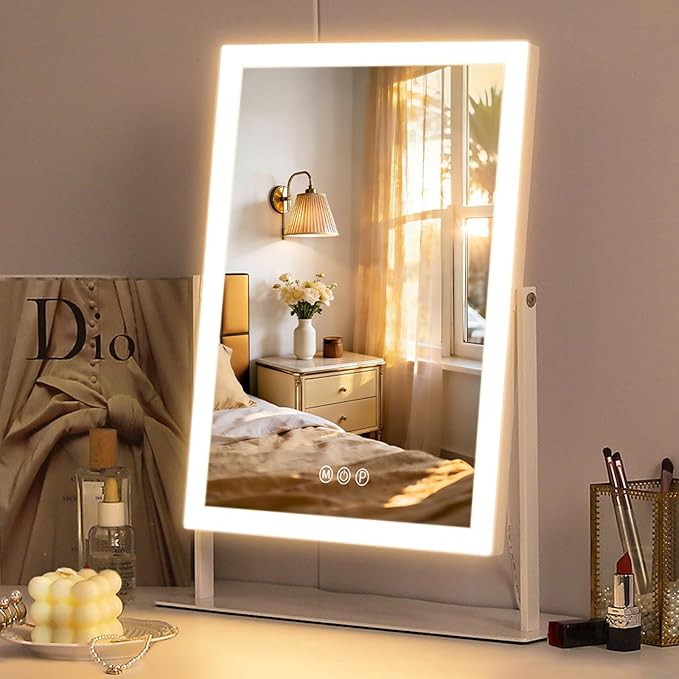 FENCHILIN Vanity Mirror with Lights 16.14" x 11.81",Lighted Makeup Mirror and Hollywood Mirror with Smart Touch Control 3 Colors Dimmable LED Light, 360°Rotation 10X Magnification(White)