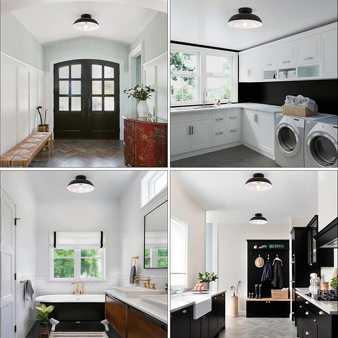 2 Pack Industrial Ceiling Light, Black Flush Mount Ceiling Light 12 Inch Kitchen Light Fixtures for Hallway Bedroom Entryway Porch Foyer Bathroom Laundry Room
