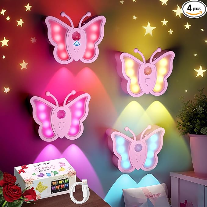 LOFTEK Rechargeable Motion Sensor Light, RGB Color Changing & Dimmable Night Light, Cute Butterfly Light for Kid's Bedroom, Bathroom, Hallway, Tent & Stairs - Ideal Home Decor & Gift, Pink of 4