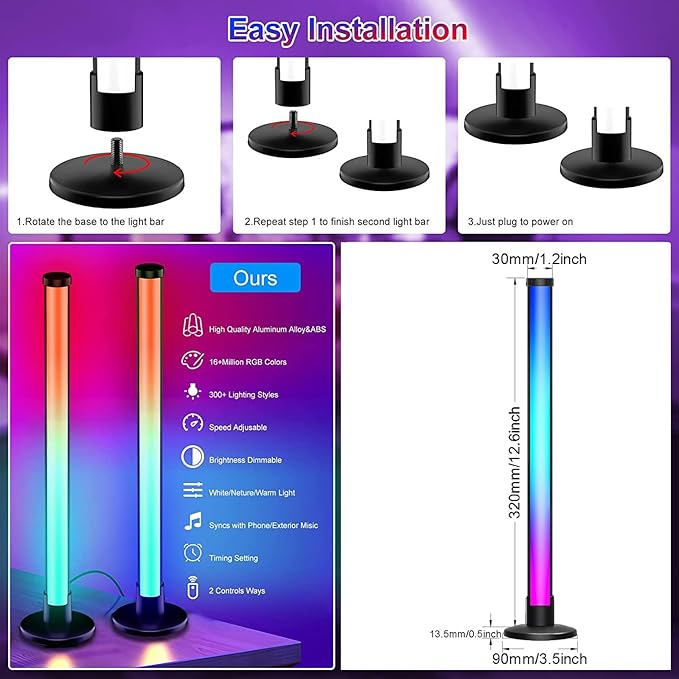 ThreeH Smart LED Light Bars APP and Remote Control USB Powered Double Ambient Lighting Lamps 16 Million RGB Colors Gaming Setup Home Decor 32cm/12.6"