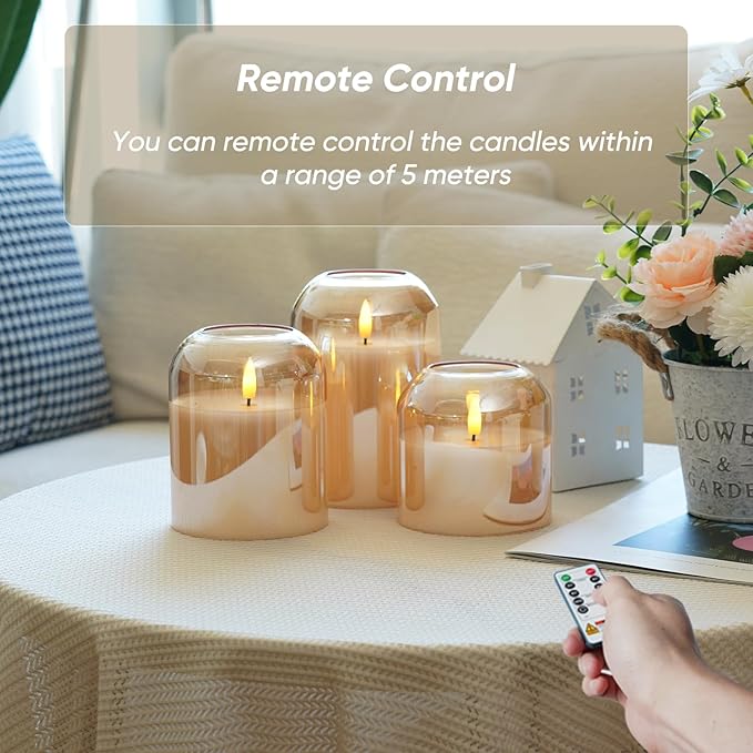 Homemory Glass Flameless Candles, Battery Operated Plliar Candles Realistic Flickering, LED Electric Light with Remote and Timer for Home, Christmas Decoration, Gold, Set of 3