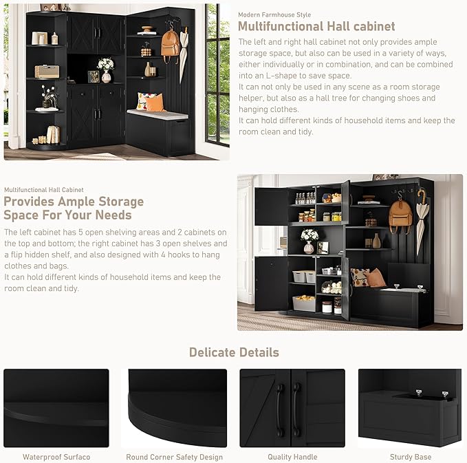 Multifunctional Hall Tree with 4 Hooks, Wood Hall Tree with Open Shelving and Flip Hidden Shelf, Left-Right Combination Coat Rack (can be Used Separately), Entryway Bench (Black/45c)