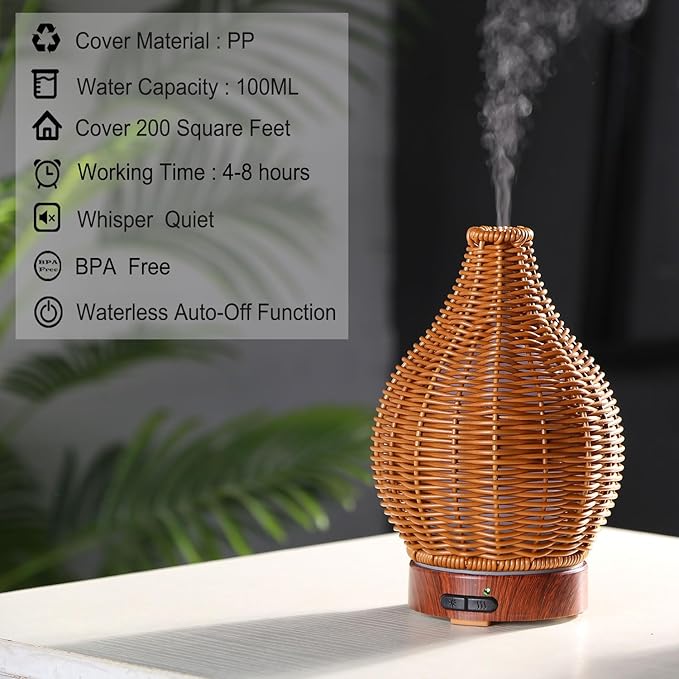 Handwoven Essential Oil Diffuser, Aromatherapy Diffuser for Home Office Decor, Birthday Gifts for Women, Moms and Grandmas Cool Mist Humidifier with 7-Color Lights, Waterless Auto-Off Air Diffusers