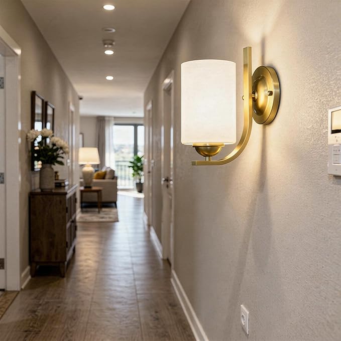 2-Pack Wall Sconces for Bedroom and Bathroom, Gold Farmhouse Wall Light Fixtures with Glass Shade, Modern Vanity Wall Lamps for Living Room, Hallway, Kitchen