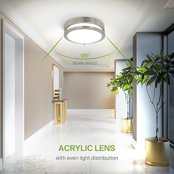 ASD LED 12" Round Flush Mount Lighting, Close to Ceiling Light Fixture | 3CCT, Dimmable, Battery Backup, ETL Listed | 20W 1876LM 3000-5000K 100-277V | Low Profile Double Ring Lamp | Nickel, 4 Pack