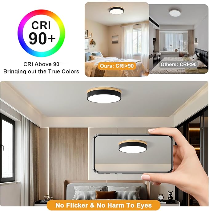 Modern Dimmable Wood Ceiling Light, Black Round LED Flush Mount Ceiling Lighting Fixtures, Minimalist Ceiling Lamp for Kitchen Bedroom Laundry Room Living Room Entryway Hallway&11.81 in