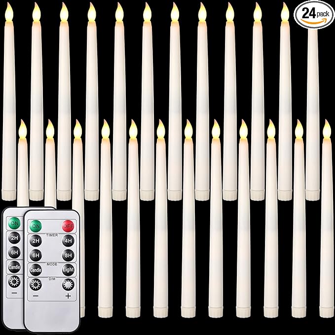 Tuanse 24 Pack Flameless Flicker Taper Candles Bulk with Remote and Timer, Battery Operated LED Warm White Taper Candles Light for Home Wedding Decoration Gifts (Beige,11 Inch)