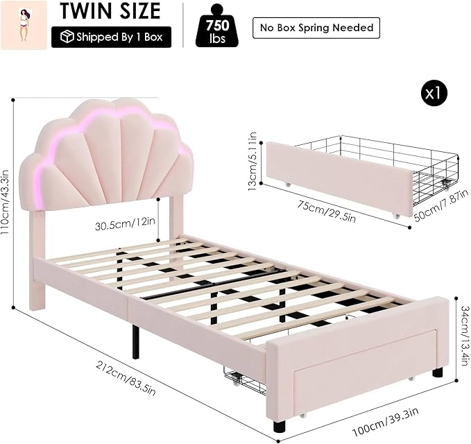 HIFIT Twin Upholstered Smart LED Bed Frame with Storage Drawer and Adjustable Chic Double Petal Headboard, Princess Platform Bed for Girls/Kids, Solid Wood Slats Support, No Box Spring Needed, Pink