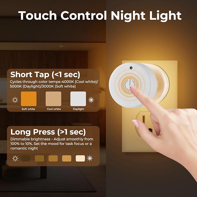 2 Pack LED Night Light Plug into Wall 3000K/4000k/5000K Adjustable Color Temperature Night Light,Touch Control Nightlight Dimmable,Built in Dusk to Dawn Sensor for Bathroom Hallway Kitchen