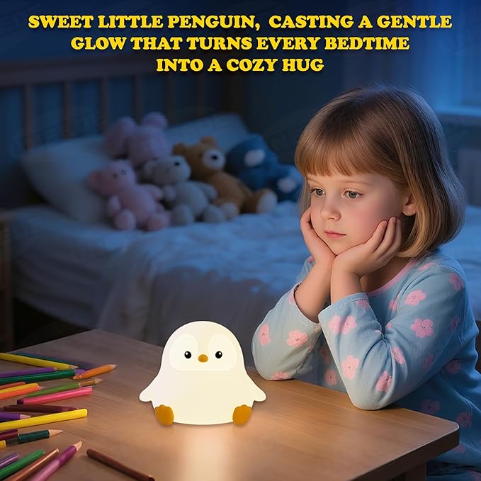 UNEEDE Sitting Penguin Night Light Silicone Touch Lamp, USB Rechargeable, Dimmable Nursery Light & Decoration, Squishy Night Light Cute Animal Lamp