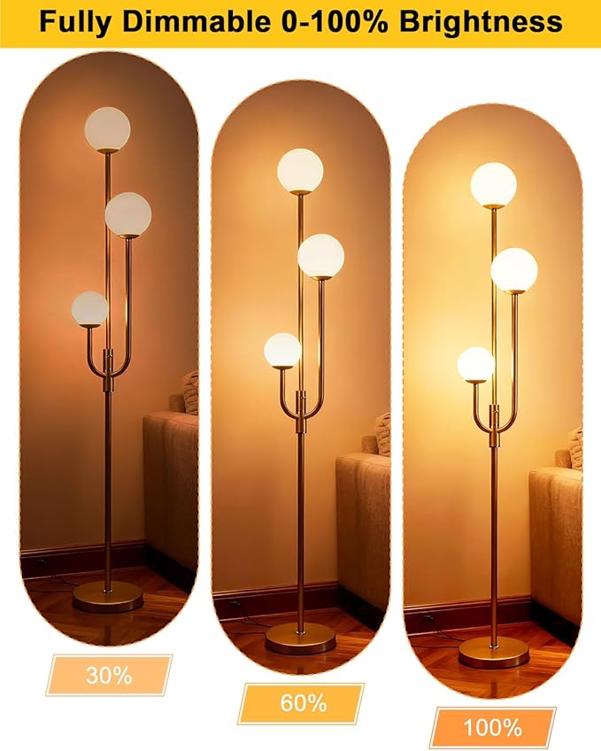 Lightdot 66IN Gold Globe Floor Lamp 3-Lights Vintage Gold Floor Lamps with 3000K Bulbs Included for Wedding Party Modern Tall Standing Lamp Dimmble for Living Room/Bedroom/Sofa Beside/Corner Decor