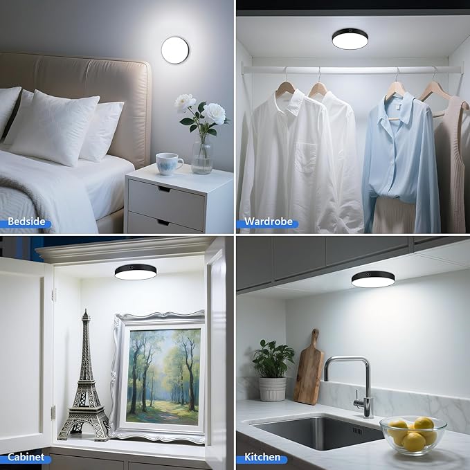 Ferswe Rechargeable Tap Light 6000K, Dimmable Touch Light with 1000mAh Large Battery，Brightness Adjustable, Stick on Lights for Closet, Cabinet, Counter, Kitchen, Bedroom and Wall(2 Pack)