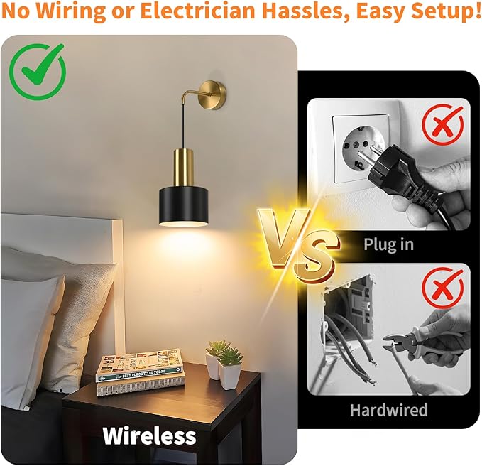 VerRon Rechargeable Battery Operated Wall Sconce Set of Two, Gold & Black Wireless Battery Powered Lights with Dimmable Detachable Bulbs & Remote, Modern Sconces Wall Decor for Bedroom Living Room