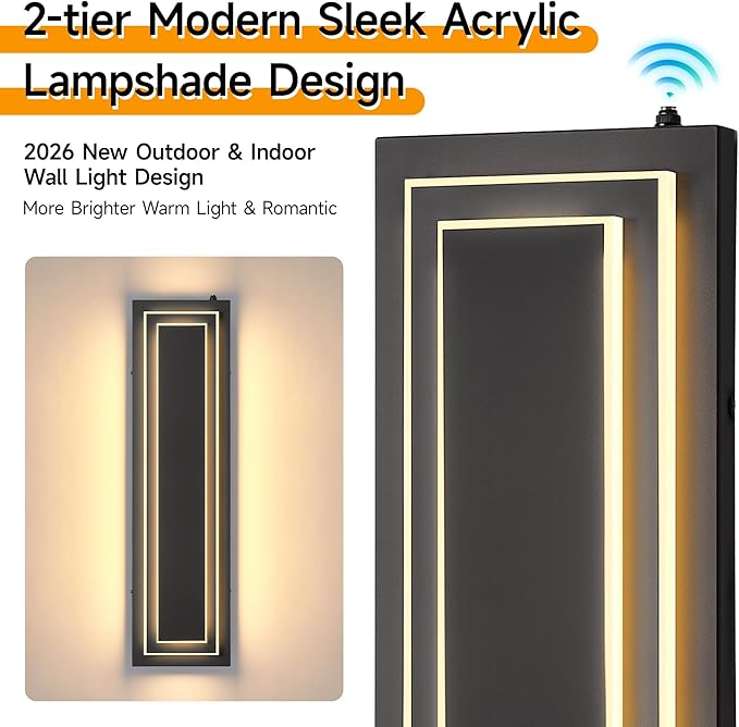 23.6 in Dusk to Dawn Exterior Lighting Fixtures,Black Modern Outdoor Wall Lights,3000K 36W Exterior Wall Sconce,Waterproof Outdoor Porch Lights Wall Mount,2-Tier Outside Garage Lights, 2 PCS