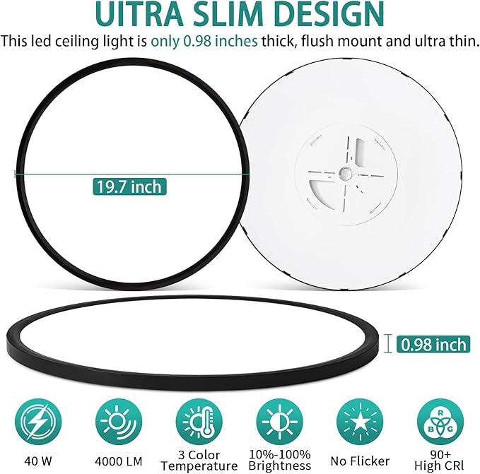 20 Inch LED Flush Mount Ceiling Light Fixture,Dimmable Ultra Thin Round Ceiling Light,40W 4000 Lumens,3 Color Temperatures 3000K 4000K 6000K,Black,for Kitchen Dining Room Bedroom Office