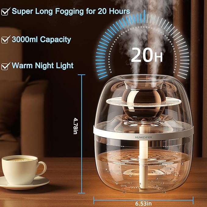 JINGYAN 3L Ultrasonic Cool Mist Humidifier - Transparent Tank, Easy to Clean, Dual Spray for 20H Quiet Mist Time, Night Light, Auto Shut-Off for Large Bedroom, Office, Plant Care (Green)
