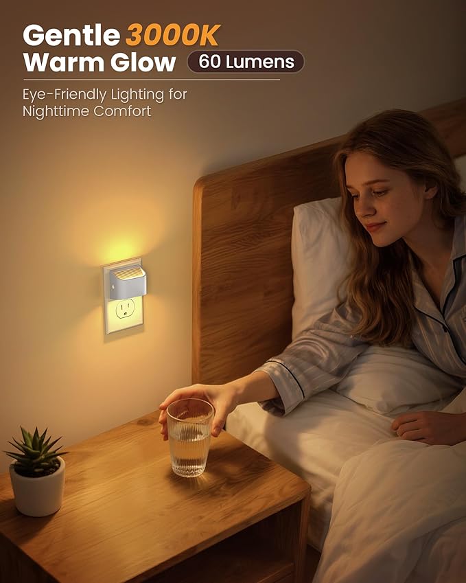 NIORSUN Plug in Night Light, Auto Brightness Sensor Night Light, 3000K Warm White, Ultra-Slim Wall Light for Hallway Bathroom Bedroom Stairs, White, 4 Pack